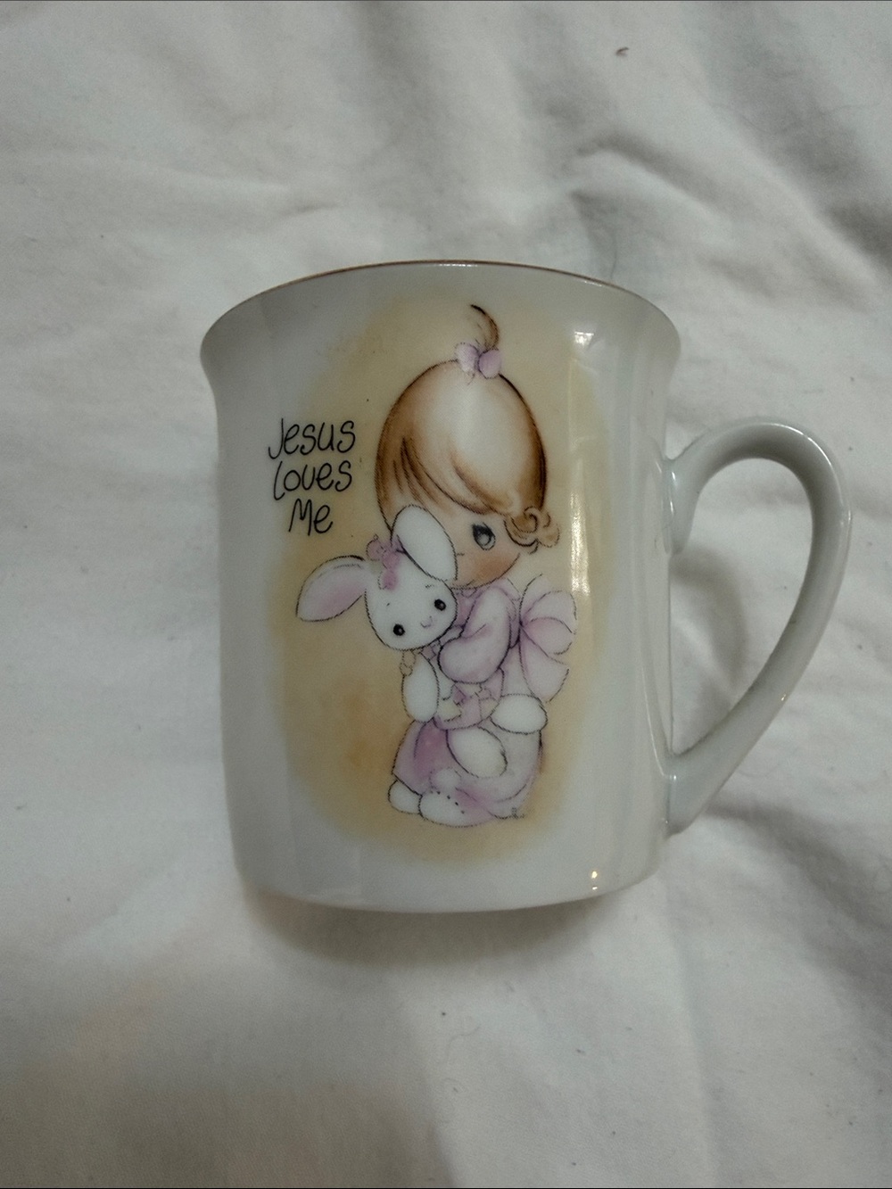 Precious Moments - vintage 1983 - White and Pink 'Jesus Loves Me' Ceramic Mug